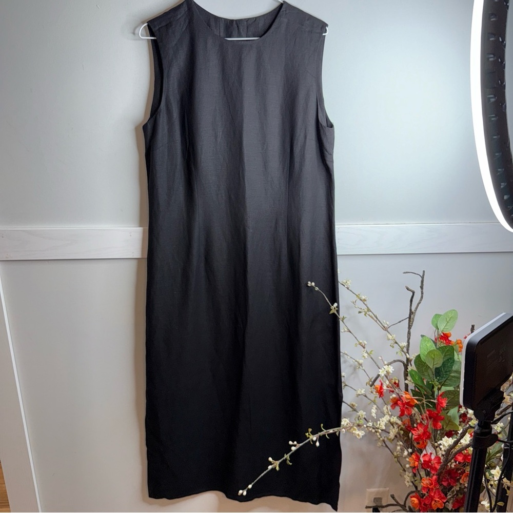 Vintage Rafaella Black Maxi Dress Linen Rayon blend button back. Slits